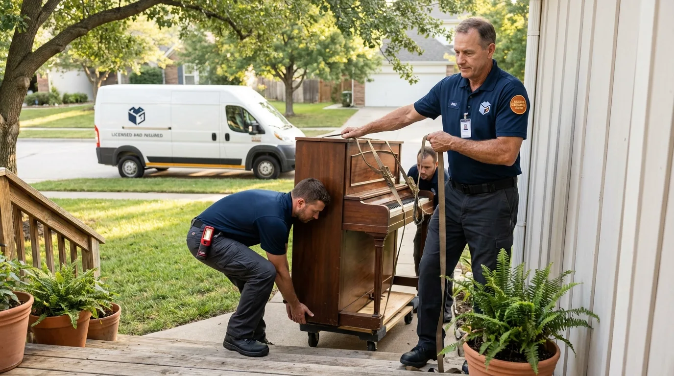 Licensed piano movers securing grand piano in Tenafly, NJ